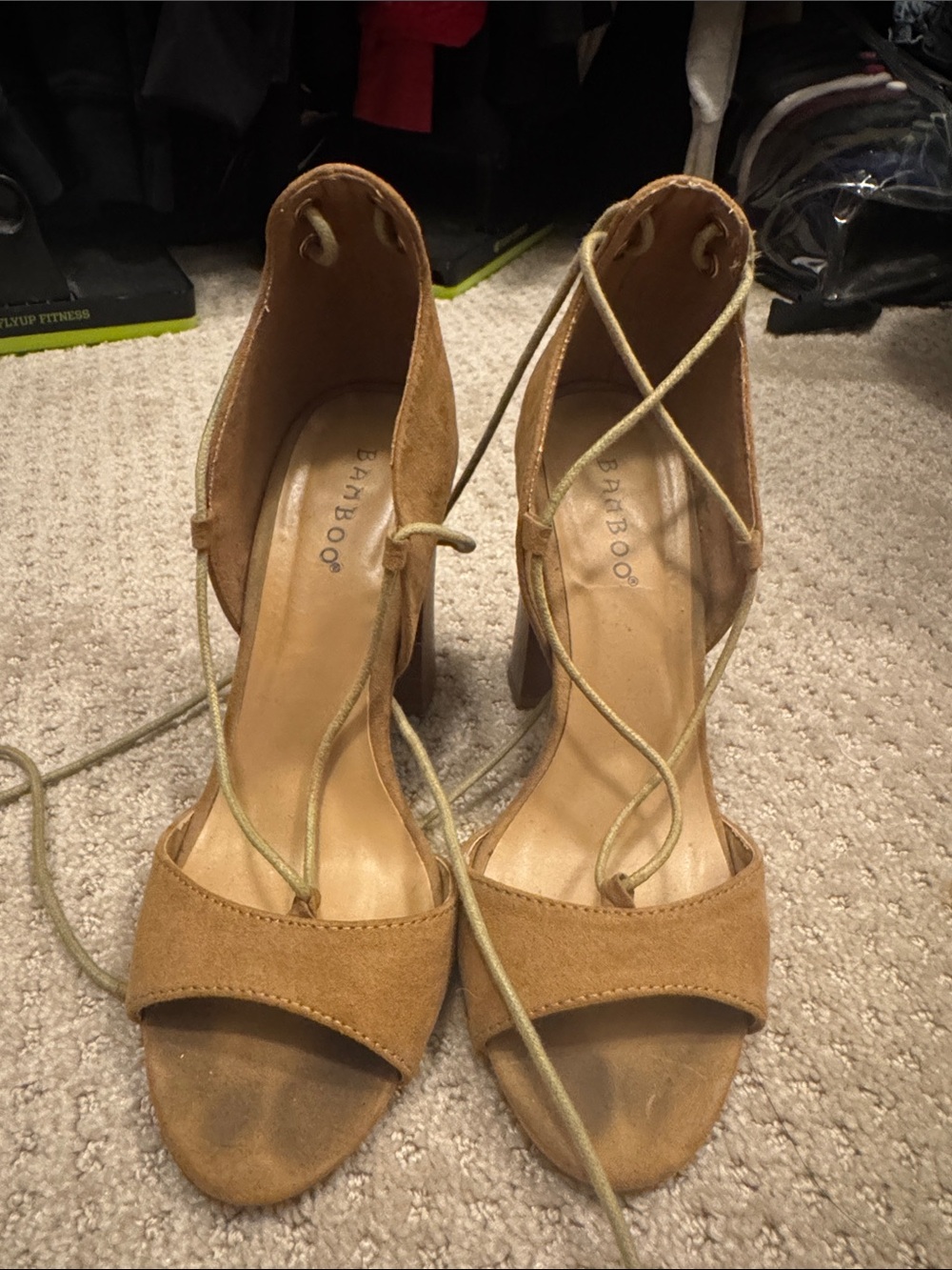 BAMBOO Tan Suede Lace-Up Block Heel Sandals